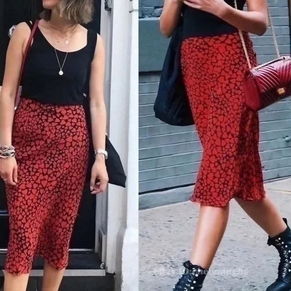 Realisation Women's Size XS Red Heart Black Midi Skirt 100% Silk Elastic Waist